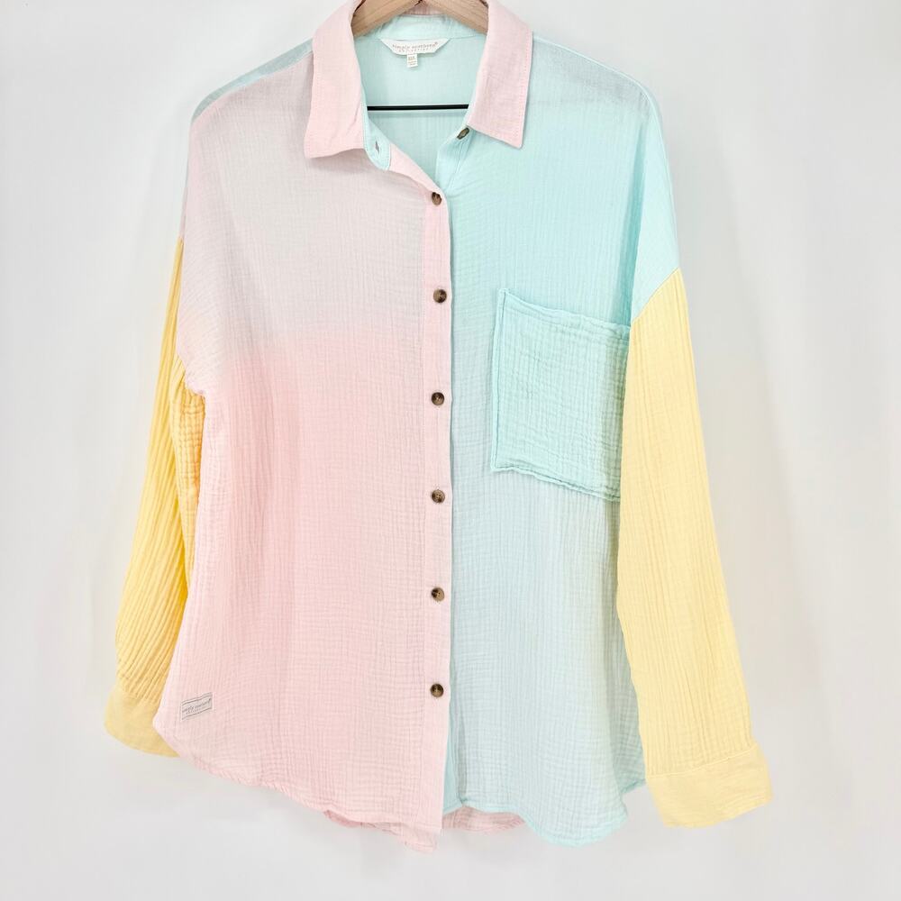 Simply Southern Pastel Colorblock Button Down Shirt 100% Cotton Size M/L Preppy